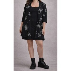 Vintage 90s Black Leaf Print Stretch Open Front Jacket Cardigan Women 18 Layer